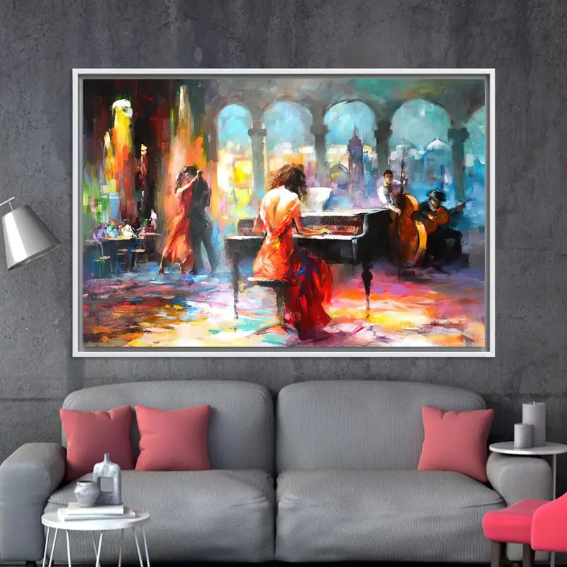 鮮やかなキャンバス: ロマンチックな抽象音楽シーンのピアニスト女性