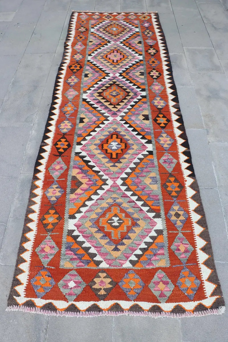 Red & Orange Rug, 3,3x9,9 ft Bordered Design