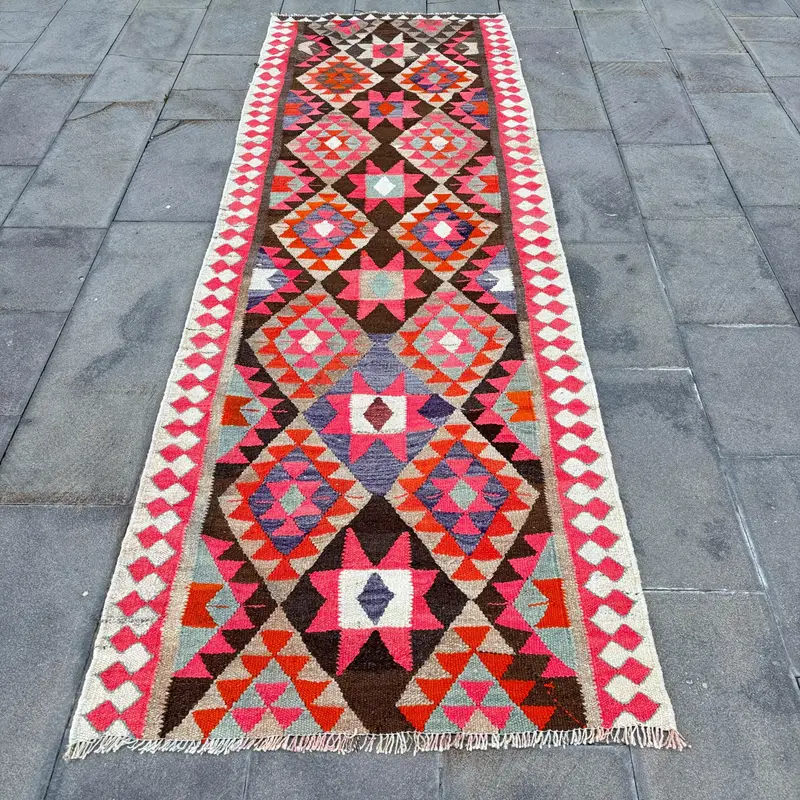 Pembe Patchwork Halı, 3,2x9,7 ft Kahverengi Desenli