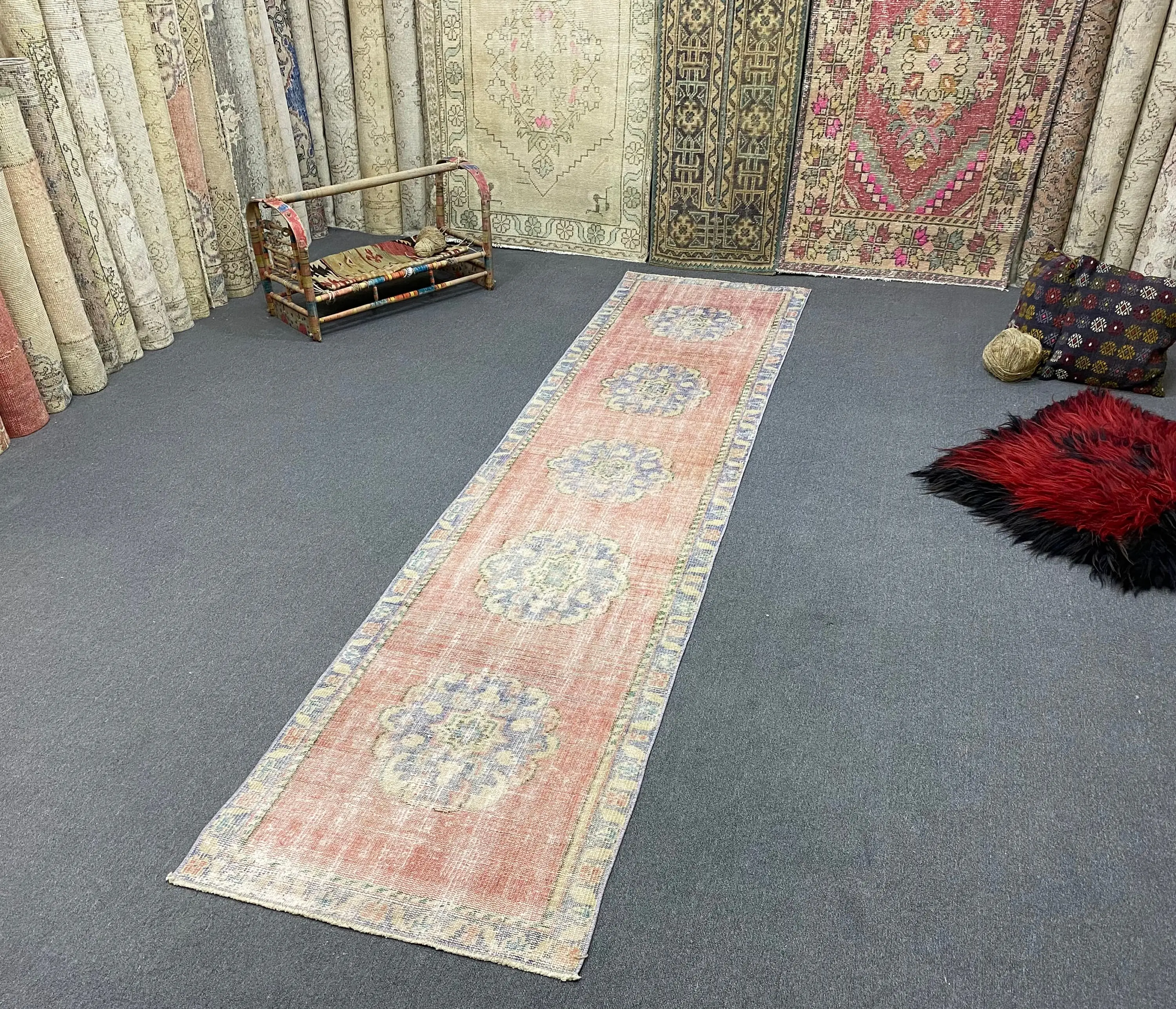 Turkish 2.4x10.7 ft Rug, Runner Vintage Rug, Red Blue Floral Wool Rug - 1