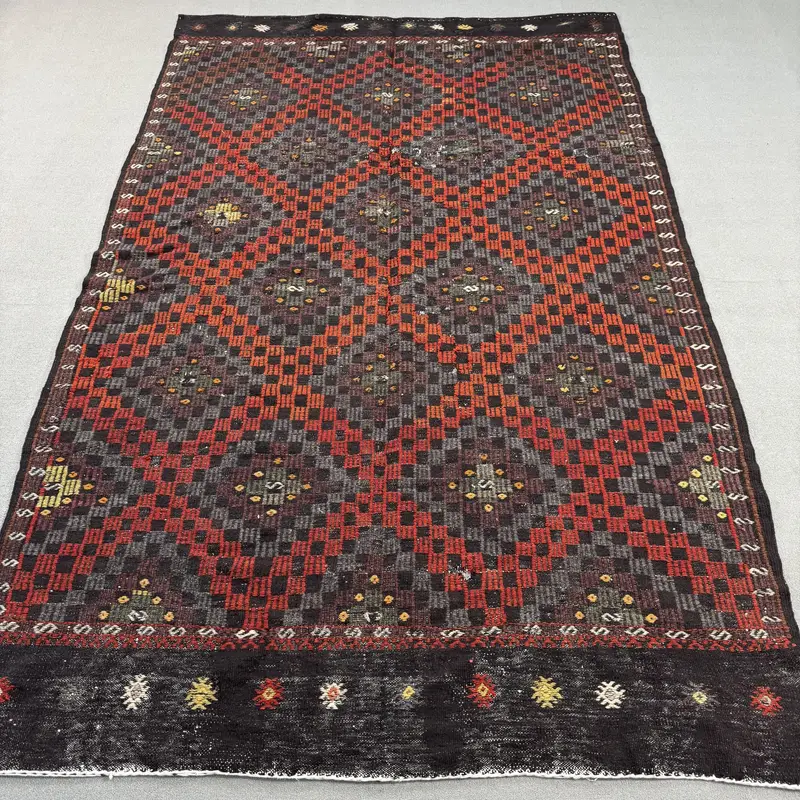 オレンジとグレーのラグ、6x9フィートの花柄と幾何学模様のデザイン