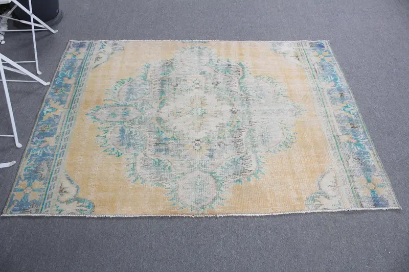 Turkish 5.6x3.8 ft Rug, Accent Vintage Rug, Yellow Blue Oriental Wool Rug - 1