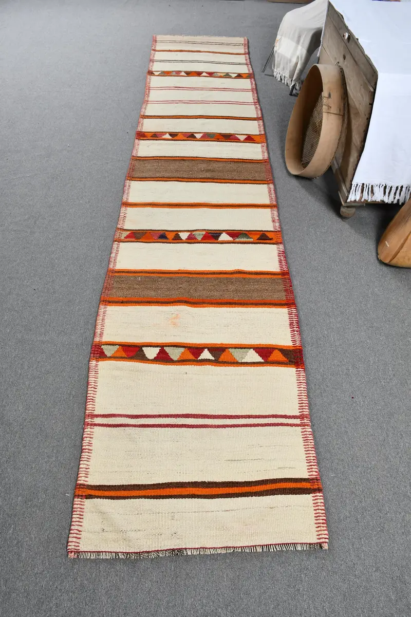 2.5x13.3 ft Türk Kilim Halısı, Vintage Halı, Beyaz Yün Halı - 1