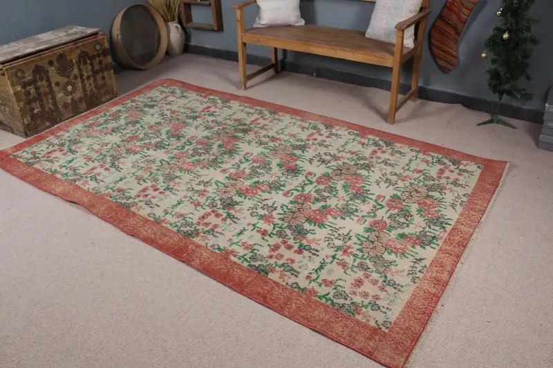 Vintage Büyük Halı, 5.1x8.8 ft Türk Halısı, Kırmızı Kareli Yün Halı - 1
