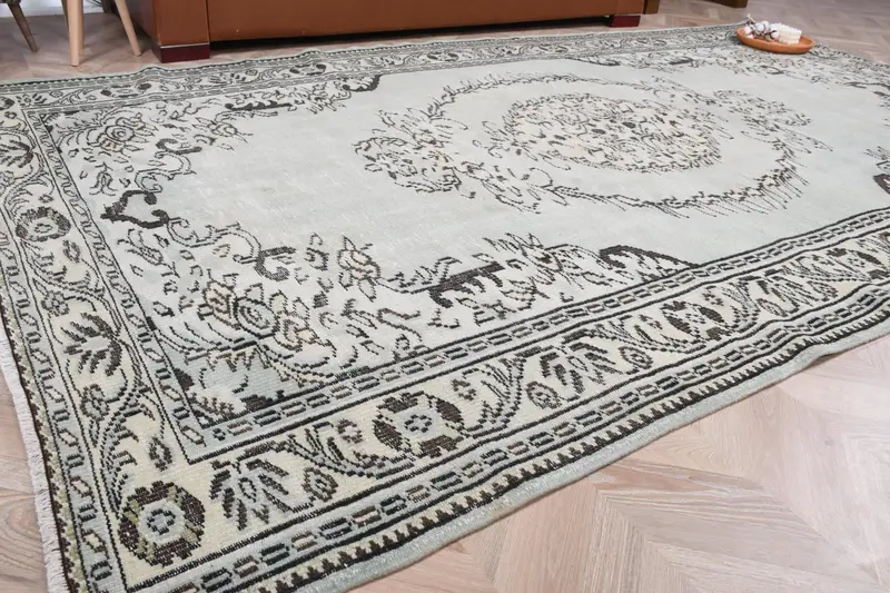Türk 6.1x10.2 ft Halı, Vintage Büyük Halı, Beyaz Çizgili Halı - 1