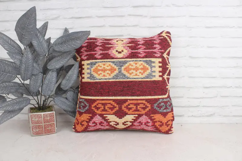 Pillow, Seat Pillow Case, Kilim Pillow, Turkish Pillow, Kilim Cushion Sham, 20x20 Red Pillow Cover, Bright Pillow Case, Crochet Pattern Pillow Sham - 1