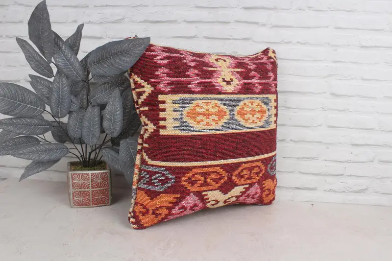 Pillow, Seat Pillow Case, Kilim Pillow, Turkish Pillow, Kilim Cushion Sham, 20x20 Red Pillow Cover, Bright Pillow Case, Crochet Pattern Pillow Sham - 3