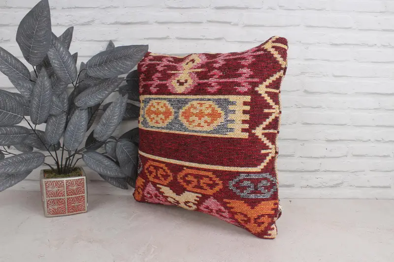 Pillow, Seat Pillow Case, Kilim Pillow, Turkish Pillow, Kilim Cushion Sham, 20x20 Red Pillow Cover, Bright Pillow Case, Crochet Pattern Pillow Sham - 4