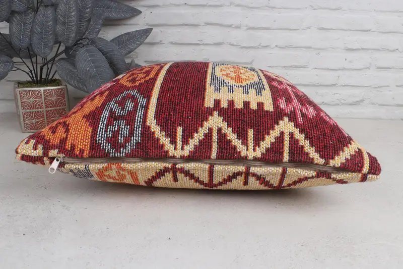 Pillow, Seat Pillow Case, Kilim Pillow, Turkish Pillow, Kilim Cushion Sham, 20x20 Red Pillow Cover, Bright Pillow Case, Crochet Pattern Pillow Sham - 5