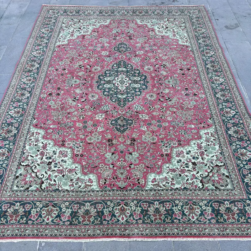 8x10 ft Pink Rug with Blue Accents, Solid Pattern