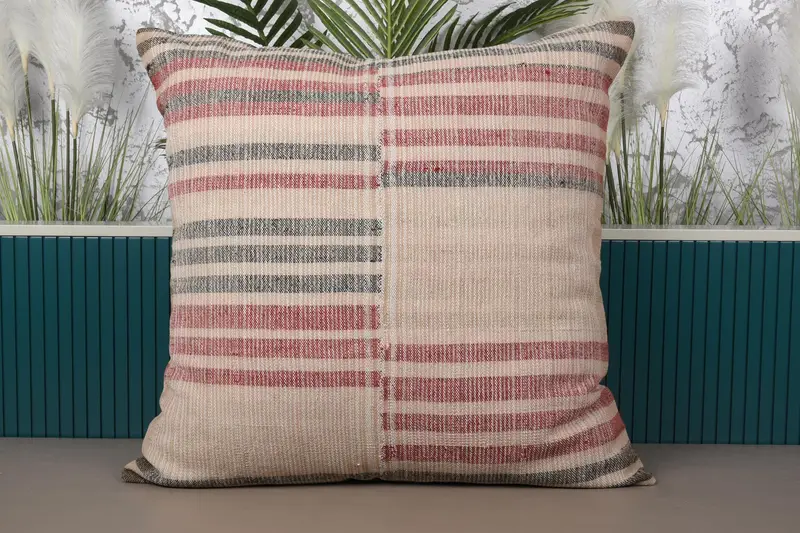 Funda de almohada vintage beige a rayas, funda de almohada antigua de 32 x 32 pulgadas para decoración del hogar - 1