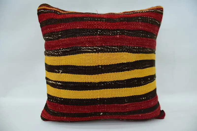 Turkish Square Red Cushion Cover, Striped 16x16 inch Moroccan Pillow Cover - 1