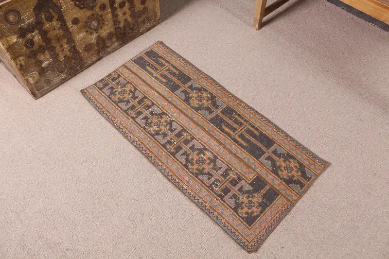 Türk Halısı, 1.6x3.4 ft Küçük Vintage Halı, Oushak Kahverengi Mavi Kamuflaj Halı - 1