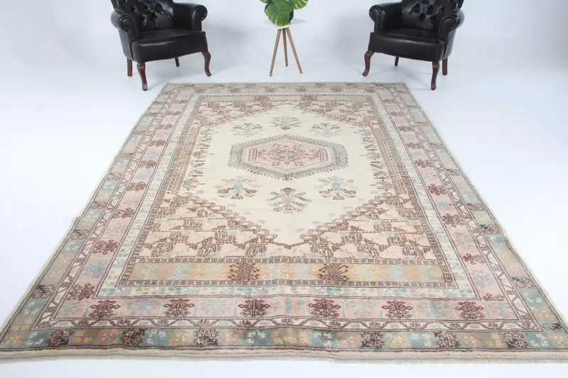 Vintage Turkish Rug 7.3x10.1 ft (224x308 cm), Oushak Blue Abstract Rug - 1