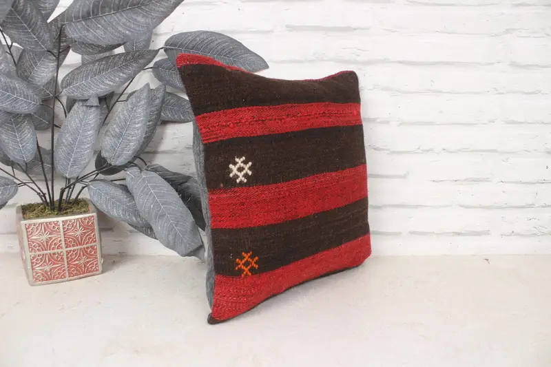 Kilim Pillow, Cushion Case, 14x14 Red Cushion Case, Sustainable Cushion Cover, Gift Pillow, Turkish Bench Pillow Case, Boho Pillow Sham Cover - 3