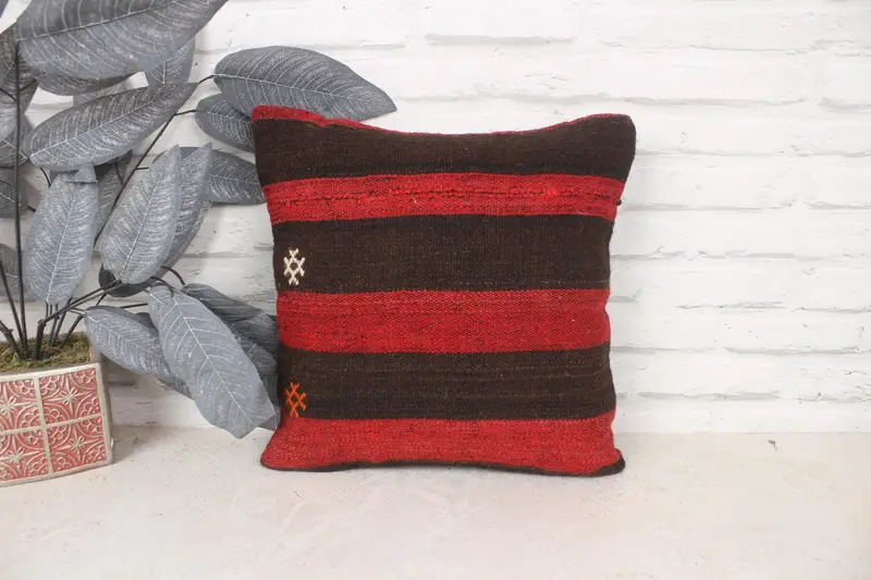 Kilim Pillow, Cushion Case, 14x14 Red Cushion Case, Sustainable Cushion Cover, Gift Pillow, Turkish Bench Pillow Case, Boho Pillow Sham Cover - 1