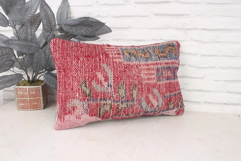 Shabby Chic Pillow, 12x20 Red Pillow Sham, Neutral Throw Cushion, Pillow for Sofa, Kilim Cushion Sham, Cushion Case, Turkish Kilim Pillow - 3