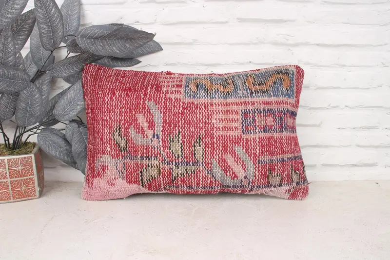 Shabby Chic Pillow, 12x20 Red Pillow Sham, Neutral Throw Cushion, Pillow for Sofa, Kilim Cushion Sham, Cushion Case, Turkish Kilim Pillow - 1