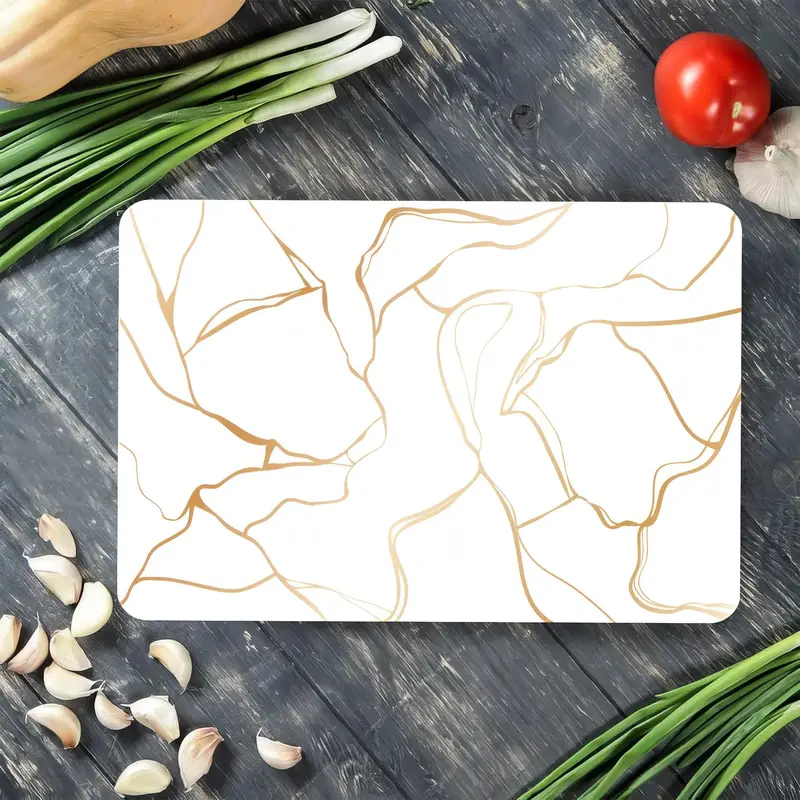 Altın Kenarlı Beyaz Mermer Cam Kesme Tahtası, Temperli Güvenlik Tasarımı