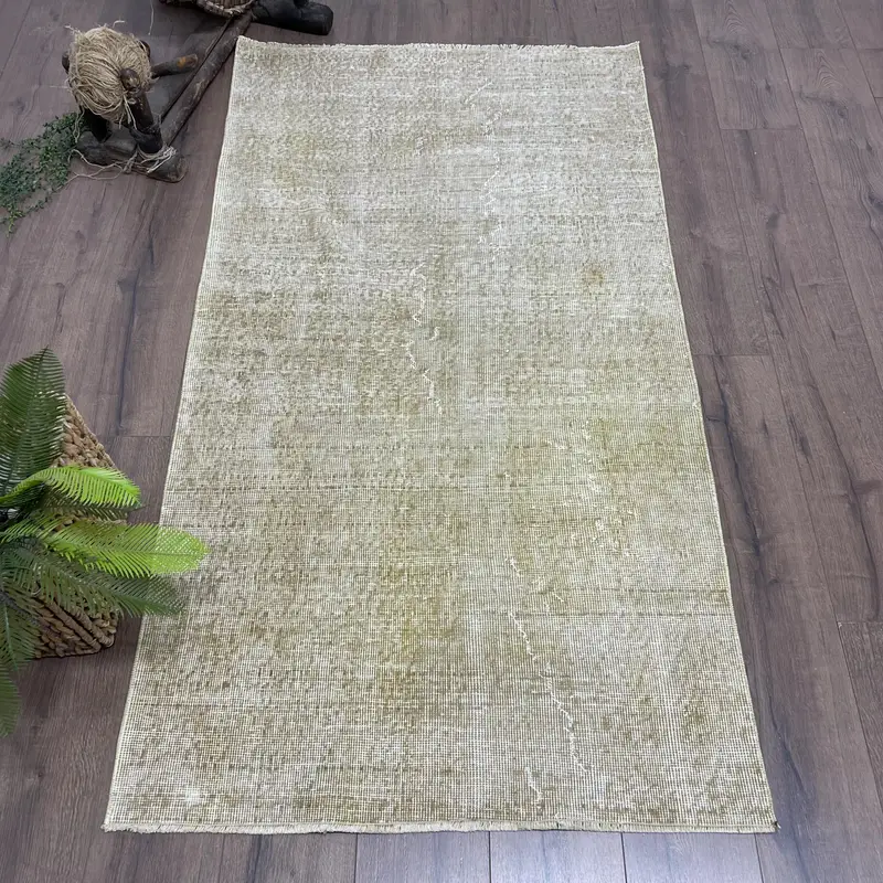 Turkish Accent Rug, 3.2x6 ft Vintage Rug, White Plants & trees Wool Rug - 1