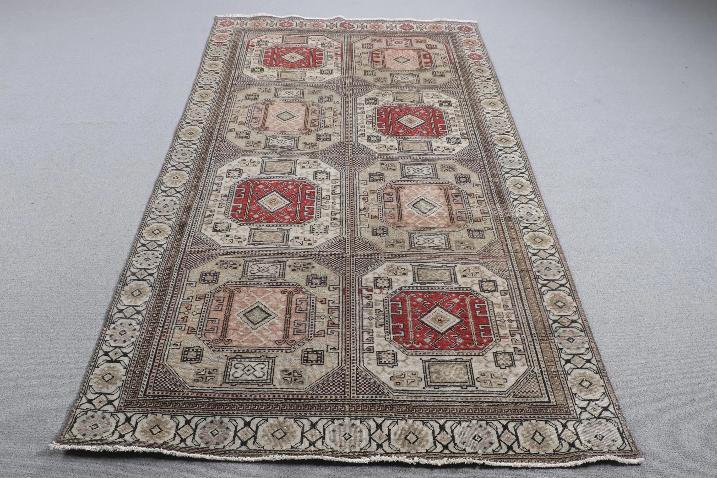 Turkish Rug 4.4x7.5 ft, Red Brown Floral Wool Vintage Rug - 1