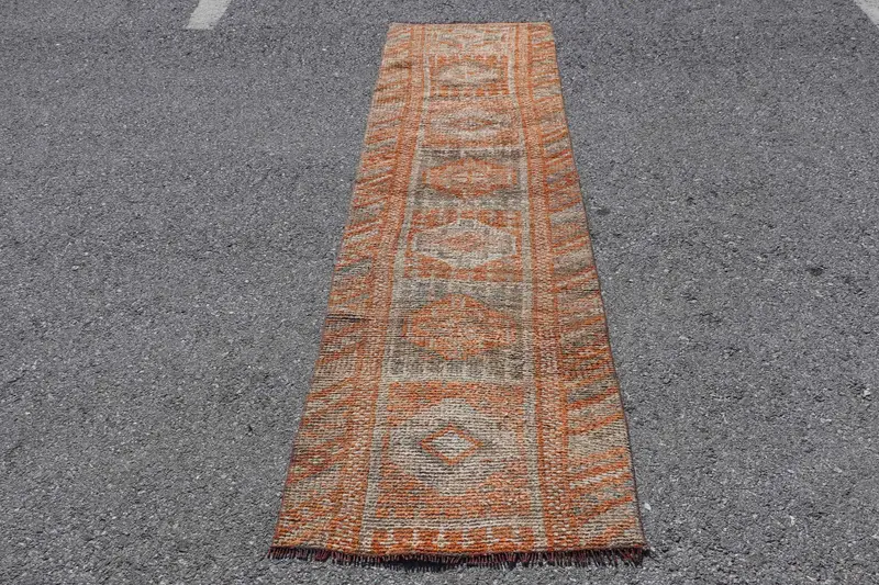 2.3x7.7 ft Turkish Rug, Runner Vintage Rug, Orange Floral Rug - 1