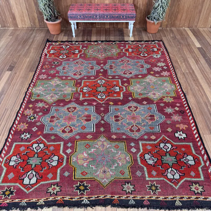 7.2x9.6 ft Vintage Turkish Rug, Large Rug, Oushak Red Wool Rug - 1