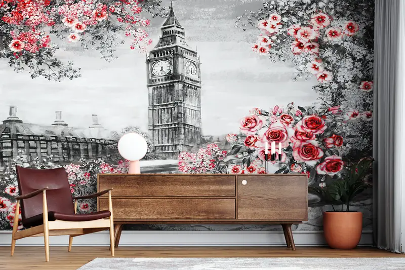 Big Ben Landscape Wall Painting, London Landscape Wall Print, Big Ben Wallpaper, Fink Flower Wall Paper, View Wall Art, - 4