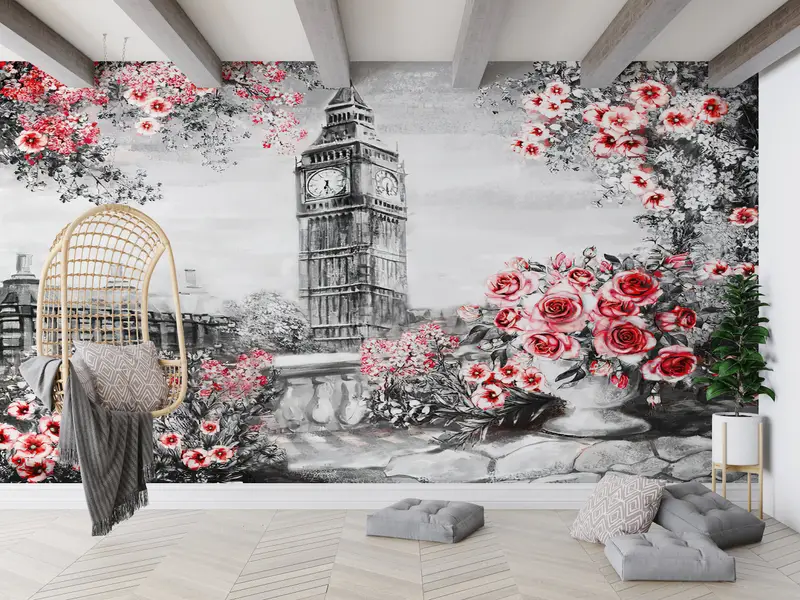Big Ben Landscape Wall Painting, London Landscape Wall Print, Big Ben Wallpaper, Fink Flower Wall Paper, View Wall Art, - 3
