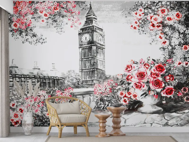 Big Ben Landscape Wall Painting, London Landscape Wall Print, Big Ben Wallpaper, Fink Flower Wall Paper, View Wall Art, - 2
