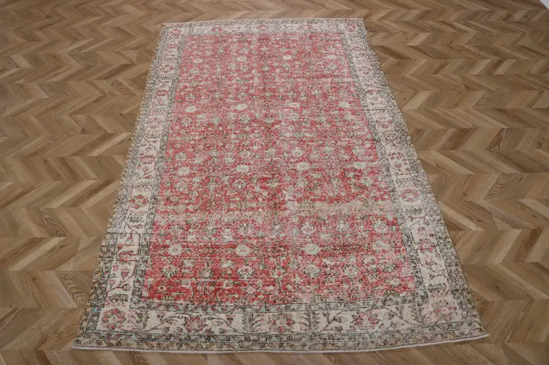 Vintage Halı, 5.6x8.9 ft Büyük Türk Halısı, Oushak Kırmızı Gri Ombré Halı - 1