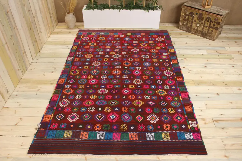 Handmade Red Rainbow Check Rug, 0.5x9.3 ft