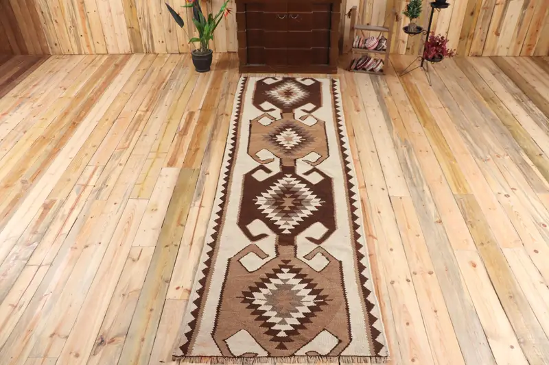 Vintage 3.2x9.9 ft Rug, Kilim Turkish Rug, Brown Moroccan Rug Wool - 1