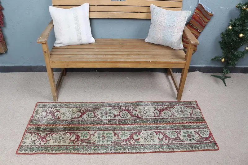 Green & Beige Rug, 1,9x5,1 ft Geometric Floral Design