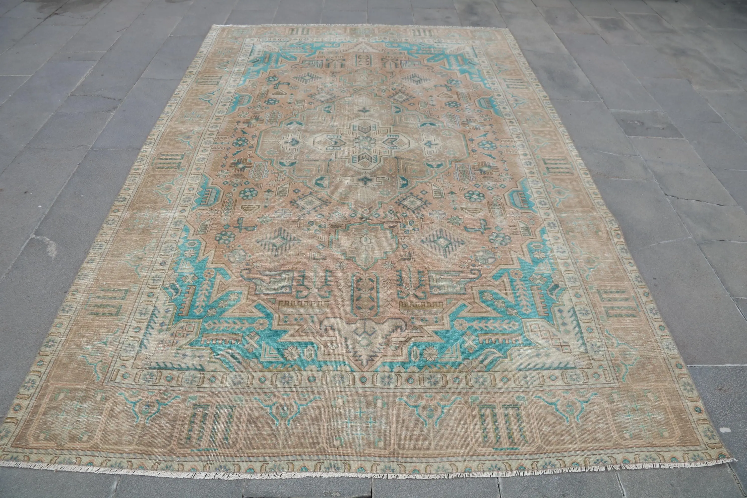 Vintage Türk Büyük Halı 6.1x9.5 ft, Mavi Çiçekli Halı Yün - 1