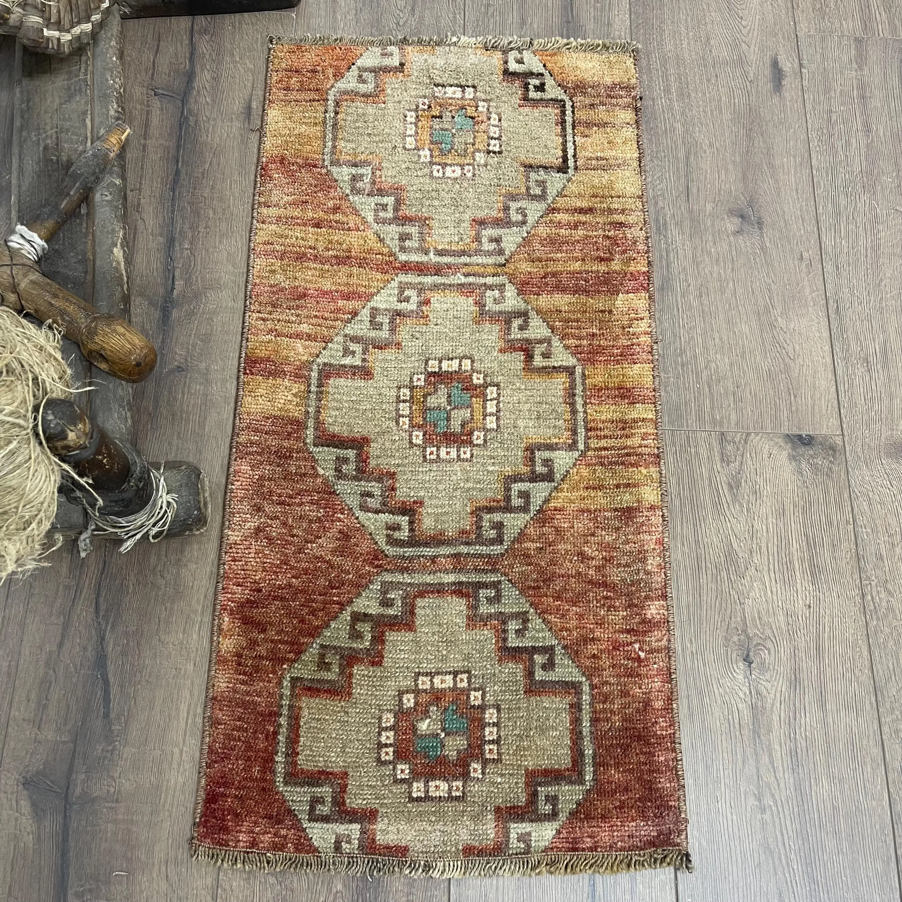 1.3x2.8 ft Turkish Rug, Vintage Small Rug, Red Brown Polka dot Wool Rug - 1