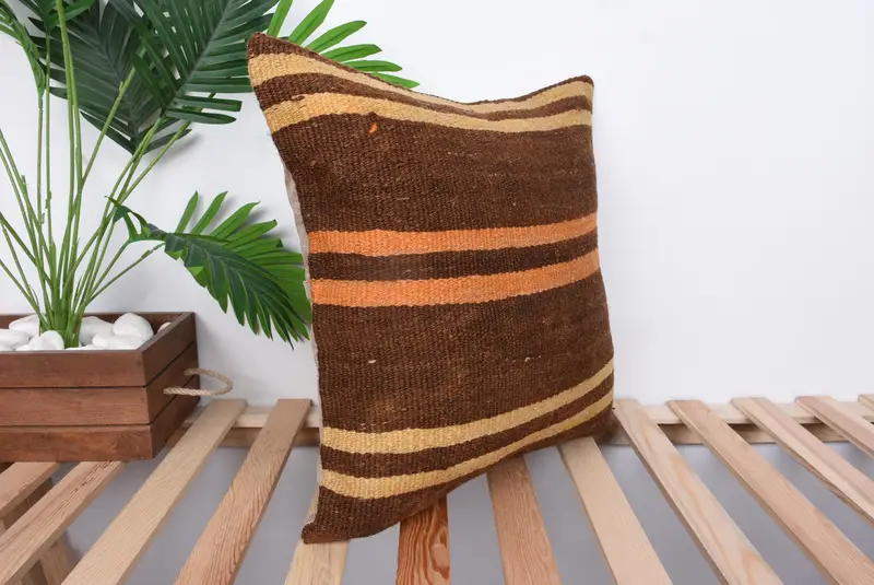 Cushion Cover, Throw Kilim Pillow, Floor Pillow Cover, Retro Throw Pillow Case, Ethnical Kilim Rug Pillow, Kilim Pillow, 18x18 Brown Pillow - 4