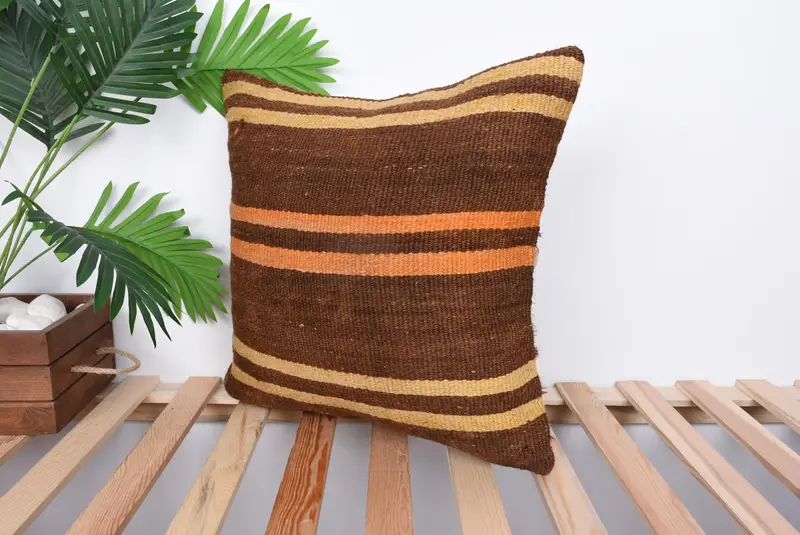 Cushion Cover, Throw Kilim Pillow, Floor Pillow Cover, Retro Throw Pillow Case, Ethnical Kilim Rug Pillow, Kilim Pillow, 18x18 Brown Pillow - 5