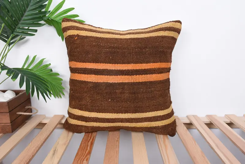 Cushion Cover, Throw Kilim Pillow, Floor Pillow Cover, Retro Throw Pillow Case, Ethnical Kilim Rug Pillow, Kilim Pillow, 18x18 Brown Pillow - 1