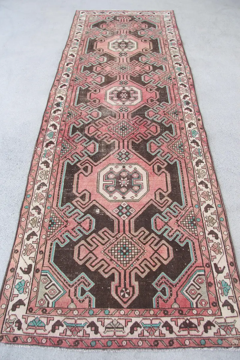 Red & Brown Rug, 3,6x10,7 ft Striped Geometric Design