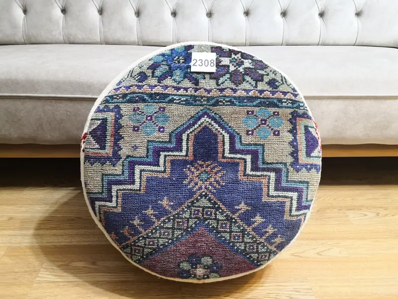 Handmade Kilim-Inspired Blue & Gray Pouf, Multi-purpose Ottoman