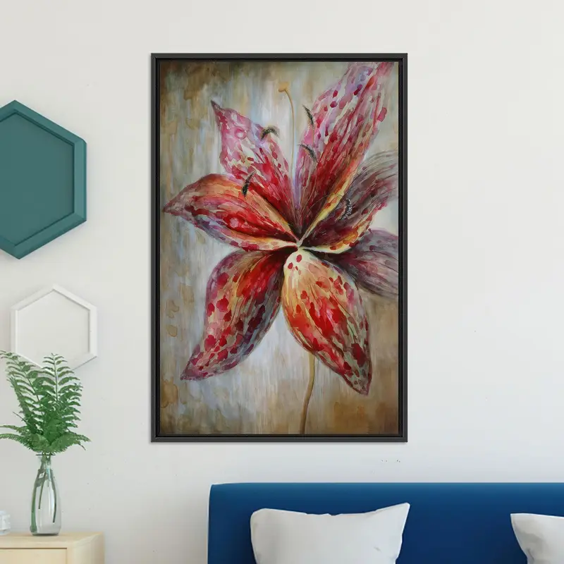 Moderner abstrakter Leinwanddruck mit Lilien- und roten Blumen für Küche und Salon