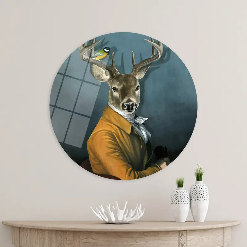 エレガントな鹿と鳥のキャンバスプリント - 抽象動物王国アート
