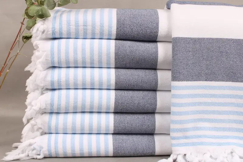 Personalized Wedding Gift Bath Towel Navy Blue-Light Blue Striped, 36x67 Inches