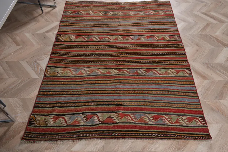 Türk Kilim Yolluk Halısı 4,2x10,8 ft (127x328 cm), Vintage Kırmızı Güneybatı Halısı - 1