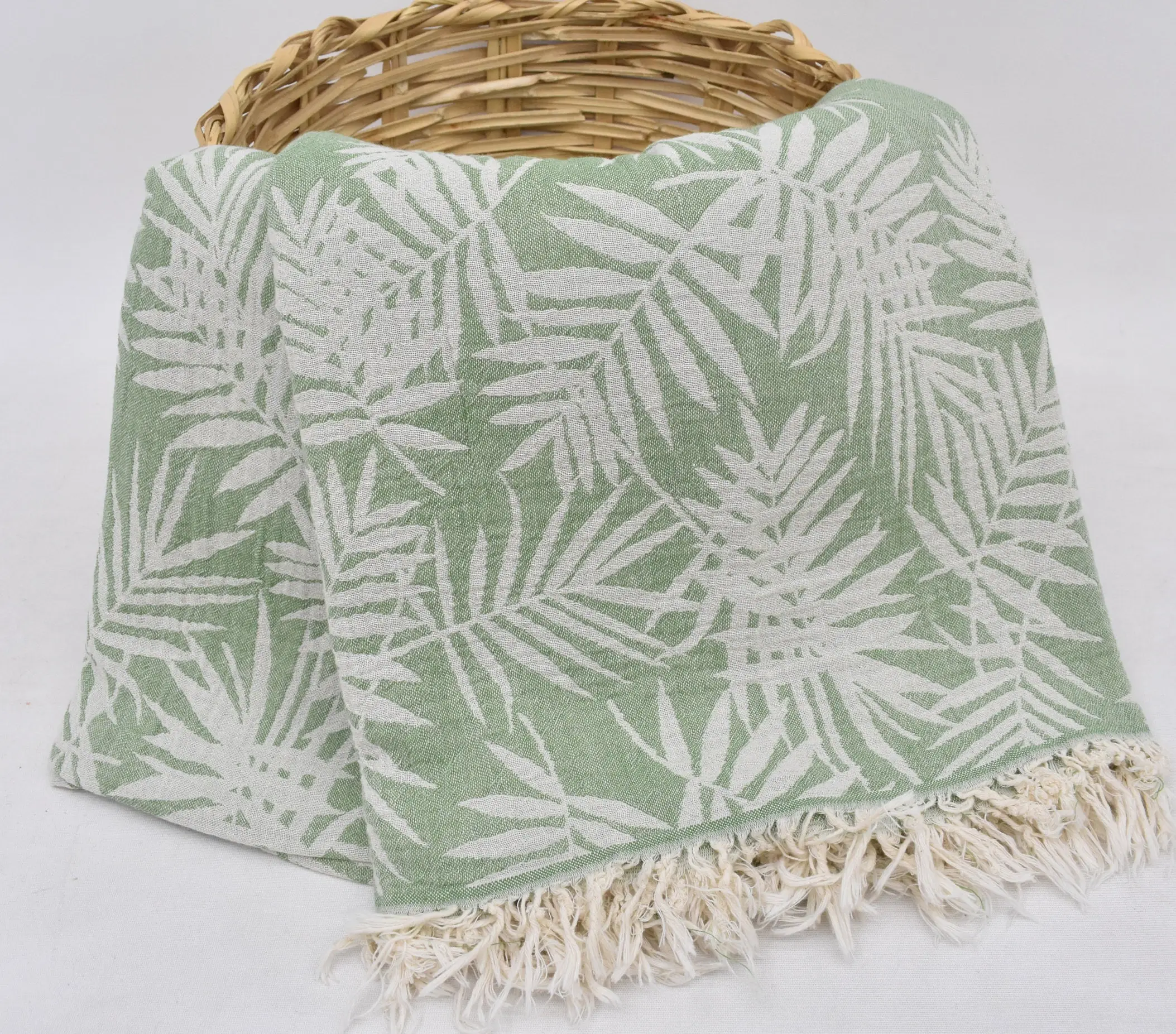 Green Floral Patterned Throw, 99x79 Inches, Organic Cotton, Bridal Shower Gift - 1