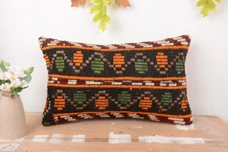 Orange & Green Patchwork Throw Pillow, Handmade Embroidered Pillow