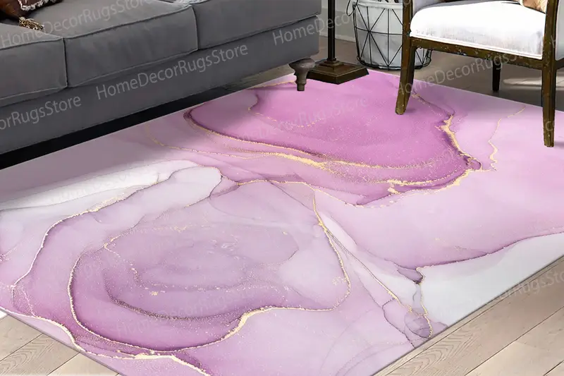 Alfombra estampada con detalles dorados y mármol rosa, diseño contemporáneo