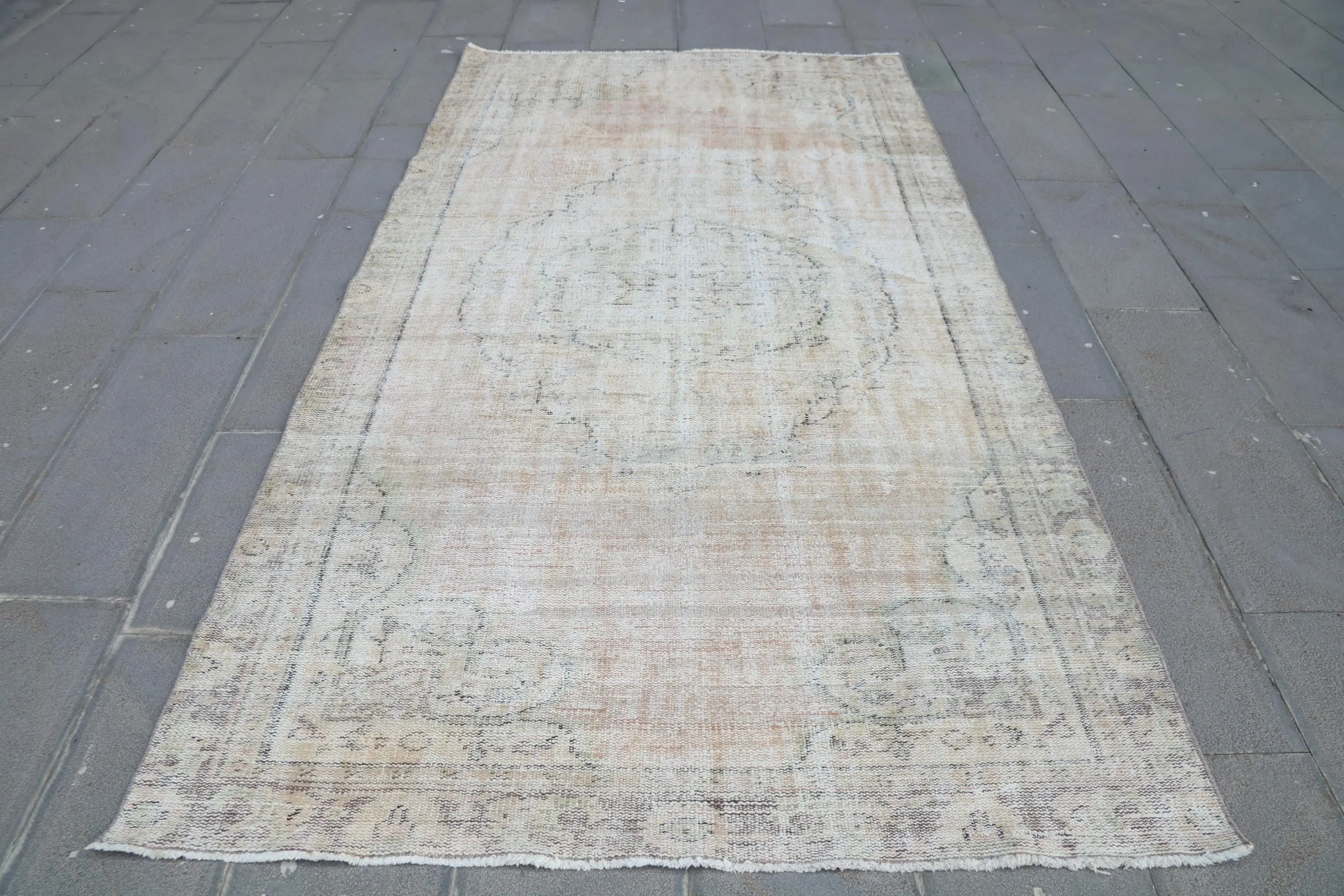 5x9.1 ft Halı, Türk Vintage Halısı, Beyaz Kahverengi Bitkiler ve ağaçlar Halı - 1