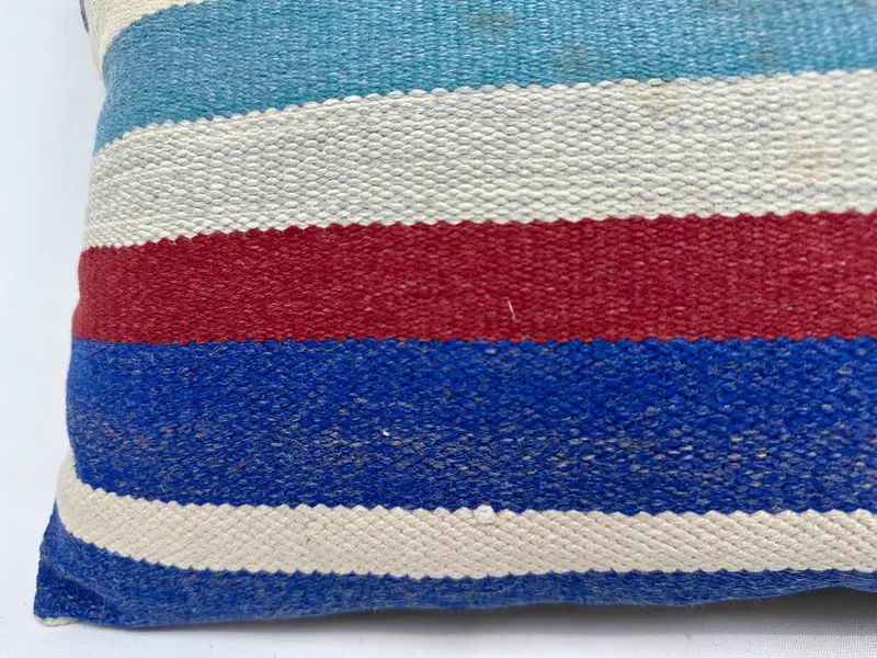 Blue & Red Striped Throw Pillow, 12x20 Inches, Handmade Cotton Pillow - 2